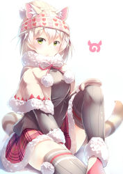 Rule 34 | 10s, 1girl, absurdres, alternate costume, animal ears, beanie, between legs, blonde hair, capelet, cat (kemono friends), cat ears, cat tail, commentary request, drawstring, ears through headwear, frown, fur-trimmed capelet, fur-trimmed footwear, fur-trimmed skirt, fur-trimmed sleeves, fur collar, fur trim, green eyes, hair between eyes, hand between legs, hand on own knee, hat, heart, heart print, highres, japari symbol, kanzakietc, kemono friends, kemono friends festival, long sleeves, looking at viewer, mittens, plaid, plaid skirt, pom pom (clothes), shoes, simple background, sitting, skirt, skirt tug, solo, tail, thighhighs, white background, winter clothes, zettai ryouiki