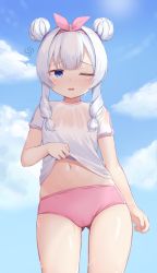 Rule 34 | 1girl, blue eyes, blue sky, blush, breasts, buruma, clothes lift, cloud, commentary request, day, double bun, ginka (gink a), hair bun, hair ribbon, highres, lifting own clothes, long hair, looking at viewer, low twintails, navel, one eye closed, outdoors, parted lips, pink buruma, pink ribbon, ribbon, see-through, shirt, shirt lift, silver hair, sky, small breasts, solo, soulworker, stella unibell, twintails, wet, wet clothes, wet shirt, white shirt