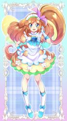 Rule 34 | 1girl, :d, absurdres, apron, blue background, blue bow, blue eyes, blue footwear, bow, brooch, brown hair, bubble skirt, chromatic aberration, delicious party precure, flower, frilled hairband, frills, full body, glove bow, gloves, green hairband, hair flower, hair ornament, hair ribbon, hairband, heart, heart brooch, highres, jewelry, kneehighs, long hair, looking at viewer, magical girl, mitsuki tayura, open mouth, pam-pam (precure), pam-pam (precure) (human), pink ribbon, plaid, plaid background, precure, ribbon, shoes, side ponytail, skirt, smile, socks, solo, white apron, white gloves, white socks