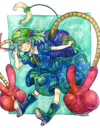 Rule 34 | 13 (spice!!), 1girl, :d, backpack, bad id, bad pixiv id, bag, blue footwear, boots, crowbar, cucumber, double v, extra arms, graphite (medium), green eyes, green hair, grin, hair ornament, hair ribbon, hat, highres, holding, holding crowbar, kawashiro nitori, key, long sleeves, looking at viewer, matching hair/eyes, mechanical arms, open mouth, pocket, ribbon, rubber boots, shirt, short twintails, single mechanical arm, skirt, skirt set, smile, solo, touhou, traditional media, twintails, two side up, v