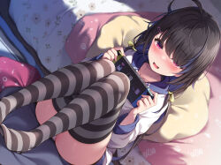 Rule 34 | 1girl, ahoge, ass, black hair, blue hair, blush, collarbone, commentary request, dutch angle, hair over one eye, hands up, highres, holding, hood, hood down, hoodie, indoors, knees up, long hair, long sleeves, multicolored hair, nintendo switch, no shoes, non-web source, open mouth, original, panties, pillow, puffy long sleeves, puffy sleeves, red eyes, sitting, solo, striped clothes, striped thighhighs, sweat, thighhighs, toyosaki shu, two-tone hair, underwear, very long hair, white hoodie, white panties