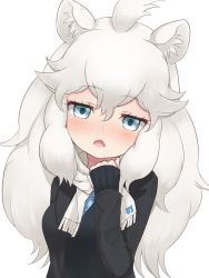 Rule 34 | 1girl, animal ears, big hair, blue eyes, buttons, cardigan, chibi, commentary request, deku suke, fang, hair between eyes, half-closed eyes, hand up, head tilt, highres, japari symbol, kemono friends, lion ears, long hair, long sleeves, looking at viewer, necktie, open cardigan, open clothes, open mouth, scarf, simple background, solo, upper body, vest, white background, white hair, white lion (kemono friends)