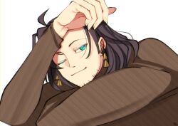 Rule 34 | 1boy, absurdres, ahoge, arm on own head, beard stubble, black hair, blue eyes, brown sweater, close-up, earrings, ella eves, facial hair, hand on own arm, highres, holostars, holostars english, jewelry, josuiji shinri, long hair, long sleeves, looking at viewer, one eye closed, smile, solo, stubble, sweater, turtleneck, turtleneck sweater, virtual youtuber, white background