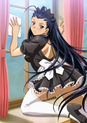 Rule 34 | 00s, 1girl, antenna hair, black hair, blue eyes, blush, cleaning, cleaning windows, earrings, high heels, ikkitousen, indoors, jewelry, kakouen myousai, long hair, looking back, maid, official art, on one knee, smile, solo, thighhighs, very long hair, white thighhighs, window