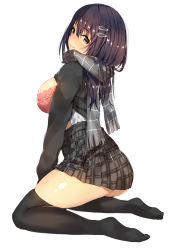 Rule 34 | 1girl, ass, black eyes, black hair, black jacket, black skirt, black thighhighs, blazer, blush, bra, breasts, closed mouth, clothes lift, commentary request, enpera, from side, full body, grey scarf, hair between eyes, hair ornament, hairclip, head tilt, jacket, kneeling, lace, lace-trimmed bra, lace trim, large breasts, long hair, long sleeves, looking at viewer, looking back, mataro (matarou), miniskirt, no shoes, open clothes, open jacket, open shirt, original, pink bra, plaid, plaid scarf, plaid skirt, pleated skirt, scarf, school uniform, shirt, shirt tucked in, sidelocks, simple background, skirt, smile, solo, thighhighs, thighs, undershirt, underwear, white background, white shirt, zettai ryouiki