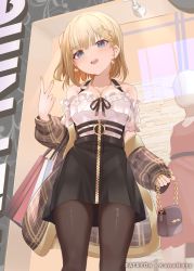 Rule 34 | 1girl, :d, bag, bare shoulders, black bag, black pantyhose, black skirt, blonde hair, blue eyes, blush, breasts, chain, collarbone, commentary request, earrings, hair ornament, hairclip, hand up, hololive, hololive english, jewelry, long sleeves, looking at viewer, mannequin, md5 mismatch, mujinbensin, mustache print, nail polish, necklace, o-ring, off shoulder, open mouth, pantyhose, red shirt, resolution mismatch, shirt, short hair, skirt, smile, solo, source smaller, teeth, upper teeth only, v, virtual youtuber, watson amelia, watson amelia (street casual), yellow nails