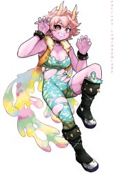 Rule 34 | 1girl, absurdres, ashido mina, black choker, black footwear, black sclera, boku no hero academia, boots, bracelet, breasts, choker, colored sclera, colored skin, commentary, dashi (dashiart), full body, fur trim, grin, highres, horns, jewelry, knee up, looking at viewer, medium breasts, mismatched sclera, patreon username, pink hair, pink skin, short hair, simple background, smile, solo, spiked bracelet, spikes, torn clothes, white background, yellow eyes