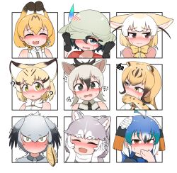 Rule 34 | 6+girls, :d, @ @, aardwolf (kemono friends), animal ears, bird girl, bird wings, black gloves, black hair, black necktie, black shirt, blonde hair, blue bow, blue bowtie, blue eyes, blue hair, blush, blushing girls are cute (template), bow, bowtie, brown eyes, cat ears, cat girl, cheetah (kemono friends), cheetah ears, cheetah girl, chis (js60216), closed eyes, collared shirt, covering face, dog (mixed breed) (kemono friends), dog ears, dog tail, ear blush, ears down, elbow gloves, embarrassed, expressions, extra ears, fangs, fennec (kemono friends), flying sweatdrops, fox ears, fox girl, full-face blush, gloves, green eyes, grey hair, grey shirt, hand on headwear, hands on own cheeks, hands on own face, hat tug, head wings, helmet, highres, kaban (kemono friends), kemono friends, looking at viewer, looking to the side, multicolored hair, multiple drawing challenge, multiple girls, necktie, no mouth, nose blush, open mouth, orange hair, peafowl (kemono friends), pink sweater, pith helmet, print bow, print bowtie, print gloves, red shirt, sand cat (kemono friends), scarf, serval (kemono friends), shirt, shoebill (kemono friends), short hair, sleeveless, smile, squiggle, striped clothes, striped shirt, sweatdrop, sweater, tail, traditional bowtie, trembling, two-tone shirt, white necktie, white scarf, white shirt, wings, yellow bow, yellow bowtie, yellow eyes