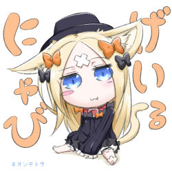 Rule 34 | 1girl, :3, abigail williams (fate), animal ear fluff, animal ears, barefoot, belt collar, black bow, black dress, black hat, blonde hair, bloomers, blue eyes, blush, blush stickers, bow, bug, butterfly, cat ears, cat girl, cat tail, chibi, closed mouth, collar, crossed bandaids, dress, fang, fang out, fate/grand order, fate (series), full body, hair bow, hat, head tilt, highres, insect, kemonomimi mode, long hair, long sleeves, looking at viewer, neon-tetora, orange bow, parted bangs, red collar, sitting, sleeves past fingers, sleeves past wrists, soles, solo, tail, translation request, underwear, very long hair, white background, white bloomers