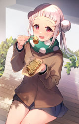 Rule 34 | 1girl, :d, arashi chisato, black skirt, blunt bangs, brown coat, coat, cowengium, double bun, food, food focus, green scarf, hair bun, highres, holding, holding food, logo, looking at viewer, love live!, love live! superstar!!, on bench, open mouth, plant, red eyes, scarf, sidelocks, sitting, skirt, smile, takoyaki, toothpick, white hair