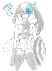 Rule 34 | 1girl, black rock shooter, black rock shooter (character), blue eyes, captain america, captain america (cosplay), cosplay, crossover, drawfag, fire, fire, long hair, marvel, midriff, navel, shield, solo, star (symbol), twintails, weapon