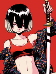 Rule 34 | 1girl, absurdres, asano inio, bare shoulders, black hair, bob cut, breasts, collarbone, colored tips, commentary request, crop top, evil smile, hair between eyes, highres, holding, holding sword, holding weapon, jacket, katana, linea alba, looking at viewer, medium hair, midriff, mujina (mujina into the deep), mujina into the deep, multicolored hair, navel, off shoulder, red background, red eyes, simple background, small breasts, smile, sword, thick eyebrows, two-tone hair, upper body, weapon, white hair