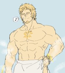 Rule 34 | 1boy, bandaid, bandaid on cheek, bandaid on face, bara, blonde hair, blue background, chest tattoo, closed eyes, closed mouth, commentary request, facial hair, goatee, hand on own hip, jacob (housamo), long sideburns, male focus, mature male, muscular, muscular male, musical note, sanwari (aruji yume), short hair, sideburns, simple background, smile, solo, spoken musical note, steam, tattoo, tokyo houkago summoners, towel, towel around waist, upper body, white towel
