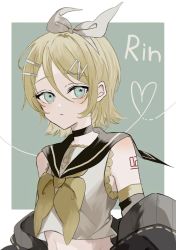 Rule 34 | 1girl, aqua eyes, ascot, bare shoulders, black choker, blonde hair, blush, bow, breasts, choker, crop top, detached sleeves, flat chest, frilled shirt, frills, hair bow, hair ornament, hairclip, highres, jacket, kagamine rin, looking at viewer, maca1227, midriff, neckerchief, number tattoo, open clothes, open jacket, oversized clothes, parted lips, sailor collar, shirt, shoulder tattoo, sideways glance, sleeveless, sleeveless shirt, small breasts, solo, tattoo, treble clef, vocaloid, white bow, yellow ascot, yellow neckerchief