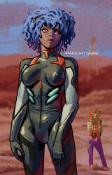 2girls absurdres africanized alternate_hairstyle alternate_skin_color ayanami_rei black_bodysuit black_wash blue_hair bodysuit breasts commentary covered_erect_nipples dark-skinned_female dark_skin dreadlocks evangelion:_3.0_you_can_(not)_redo highres impossible_bodysuit impossible_clothes interface_headset ironicnotsavage lips mecha_pilot_suit medium_breasts multiple_girls neon_genesis_evangelion orange_hair plugsuit rebuild_of_evangelion red_eyes signature souryuu_asuka_langley