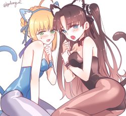 Rule 34 | 2girls, ahoge, alternate costume, animal ears, artoria pendragon (all), artoria pendragon (fate), bare shoulders, black hair, blonde hair, blue eyes, blush, boku wa tomodachi ga sukunai, breasts, byulrorqual, cat ears, cat tail, choker, cleavage, cosplay, fake animal ears, fate/stay night, fate (series), green eyes, hairband, kittysuit, long hair, medium breasts, multiple girls, nontraditional playboy bunny, open mouth, pantyhose, saber (fate), short hair, simple background, small breasts, tail, tohsaka rin, twitter username, two side up, white background