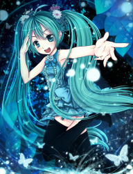 Rule 34 | 1girl, alternate costume, aqua eyes, aqua hair, bad id, bad pixiv id, bare shoulders, black thighhighs, blush, bug, butterfly, female focus, flower, hair flower, hair ornament, hatsune miku, highres, insect, leaf, long hair, open mouth, petals, plant, skindentation, skirt, solo, sparkle, thighhighs, twintails, very long hair, vocaloid, wait, zettai ryouiki