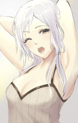 Rule 34 | 1girl, ;o, armpits, arms behind head, arms up, breasts, brown eyes, camisole, cleavage, commentary, fire emblem, fire emblem awakening, grey background, head tilt, highres, inusukino1, long hair, medium breasts, nintendo, one eye closed, open mouth, robin (female) (fire emblem), robin (fire emblem), solo, spaghetti strap, upper body, white hair