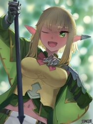 Rule 34 | 1girl, ;d, armor, blonde hair, bow, bowtie, breasts, cape, dairoku ryouhei, day, ear covers, evelyn lambert, gauntlets, green cape, hair ornament, holding, holding weapon, looking at viewer, medium breasts, medium hair, mimizuki9, navel, one eye closed, open mouth, outdoors, pink bow, pink bowtie, single ear cover, smile, solo, upper body, weapon