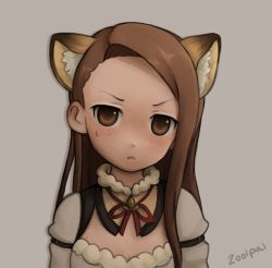 Rule 34 | 1girl, animal ear fluff, animal ears, breasts, brown eyes, brown hair, cat ears, detached collar, forehead, grey background, idolmaster, light blush, light frown, long hair, looking at viewer, minase inori, minase iori, parted lips, portrait, signature, small breasts, solo, straight hair, zoolpal
