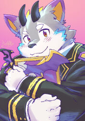 Rule 34 | 1boy, animal ears, bat wings, belphegor (housamo), black jacket, blush, book, daihukudokoro, demon horns, dog boy, dog ears, furry, furry male, gold trim, gradient background, highres, holding, holding book, horns, jacket, light smile, looking at viewer, male focus, pink background, signature, solo, thick eyebrows, tokyo houkago summoners, upper body, wings