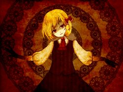 Rule 34 | 1girl, ascot, blonde hair, bow, darkness, embodiment of scarlet devil, female focus, hair bow, head tilt, kimikagedo, light smile, outstretched arms, red eyes, rumia, short hair, solo, spread arms, touhou