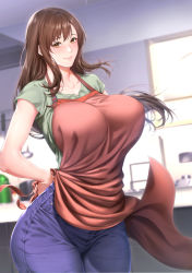 Rule 34 | 1girl, apron, arms behind back, blue pants, blush, breasts, brown eyes, brown hair, collarbone, denim, green shirt, hair between eyes, jeans, large breasts, long hair, looking at viewer, mature female, mole, mole under eye, original, pants, shirt, short sleeves, smile, solo, textless version, zucchini