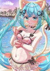 Rule 34 | 1girl, animal ears, aqua eyes, aqua hair, breasts, cat ears, cat tail, hatsune miku, highres, long hair, looking at viewer, midriff, navel, qussie, small breasts, solo, swimsuit, tail, twintails, very long hair, vocaloid