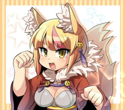 Rule 34 | 1girl, :3, :d, animal ears, au, au (auchan), bad id, bad pixiv id, blonde hair, breasts, cleavage, fire emblem, fire emblem fates, fox ears, fox tail, fur trim, hair ornament, japanese clothes, multicolored hair, nintendo, open mouth, pink hair, selkie (fire emblem), short hair, simple background, slit pupils, smile, solo, star (symbol), streaked hair, striped, striped background, tail, upper body, yellow eyes