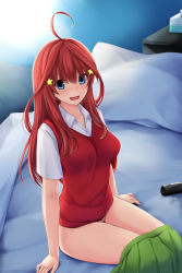 Rule 34 | 1girl, :d, ahoge, arms at sides, bed, bed sheet, blue eyes, blush, bottomless, breasts, clothes pull, collared shirt, commentary request, female pubic hair, go-toubun no hanayome, green skirt, groin, hair ornament, highres, indoors, long hair, looking at viewer, medium breasts, nakano itsuki, nonaka ritsu, on bed, open mouth, pillow, pubic hair, red hair, shirt, short sleeves, sitting, skirt, skirt pull, smile, solo, star (symbol), star hair ornament, sweater vest, thighs, tissue box, white shirt, wing collar