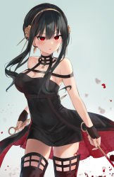 Rule 34 | 1girl, absurdres, auui, bare shoulders, black dress, black gloves, black hair, black thighhighs, blood, blood on clothes, blood on leg, blue background, breasts, brown flower, brown hairband, brown rose, cleavage, closed mouth, commentary request, dress, earrings, fingerless gloves, flower, gloves, hair between eyes, hair flower, hair ornament, hairband, highres, holding, jewelry, long hair, looking at viewer, looking away, looking to the side, medium breasts, red eyes, rose, sidelocks, solo, spy x family, standing, thighhighs, yor briar