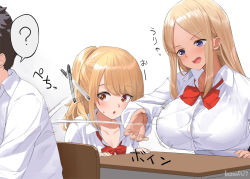 Rule 34 | 1boy, 2girls, :o, ?, artist name, blonde hair, bouncing breasts, bow, bowtie, breasts, brown eyes, collarbone, commentary request, fang, gradient background, grey background, kaisen chuui, large breasts, long hair, long sleeves, looking at another, multiple girls, open mouth, original, pen, ponytail, purple eyes, red bow, red bowtie, shirt, spoken question mark, table, white shirt