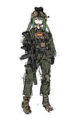 Rule 34 | 1girl, animal ears, assault rifle, black gloves, boots, bulletproof vest, camouflage, gloves, green hair, gun, h&amp;k g36, helmet, highres, holding, holding gun, holding weapon, load bearing vest, magazine (weapon), military, night vision device, optical sight, original, rabbit ears, red eyes, rennn (ilobeste), rifle, sketch, smile, spain, spanish flag, suppressor, tactical clothes, teeth, weapon, white background