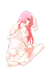 Rule 34 | 1girl, animal ears, ass, back, bad id, bad pixiv id, bare shoulders, blush, breasts, butt crack, collared shirt, dutch angle, from behind, full body, highres, looking at viewer, looking back, medium breasts, non (z-art), off shoulder, open mouth, panties, rabbit ears, rabbit girl, rabbit tail, red eyes, reisen udongein inaba, shirt, simple background, sitting, solo, sweatdrop, tail, thighhighs, touhou, underwear, wariza, white background, white panties, white shirt, white thighhighs