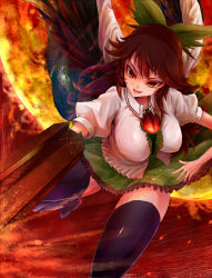 Rule 34 | 1girl, alternate weapon, amaguri (artist), arm cannon, black thighhighs, bow, breasts, brown eyes, brown hair, cape, female focus, hair bow, large breasts, large wings, long hair, open mouth, reiuji utsuho, skirt, smile, solo, thighhighs, third eye, touhou, weapon, wings, zettai ryouiki