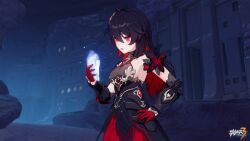 Rule 34 | 1girl, :o, ahoge, armpits, black dress, black hair, breasts, chinese commentary, dress, hair between eyes, hand on own hip, highres, holding crystal, honkai (series), honkai impact 3rd, logo, long hair, looking at object, medium breasts, multicolored hair, night, official art, official wallpaper, open mouth, outdoors, red eyes, red hair, seele (alter ego), seele vollerei, seele vollerei (starchasm nyx), solo, standing