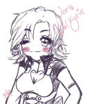 Rule 34 | 1girl, ;3, artist name, blush, breasts, character name, cleavage cutout, clothing cutout, elbow gloves, eyelashes, female focus, freckles, gloves, heart, heart cutout, highres, lineart, long hair, looking at viewer, monochrome, nora valkyrie, one eye closed, rwby, signature, simple background, solo, spot color, tinyqote, upper body, white background, wink