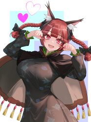 Rule 34 | 1girl, absurdres, animal ear fluff, animal ears, black dress, braid, breasts, cat ears, commentary request, dress, fingernails, heart, highres, kaenbyou rin, large breasts, long fingernails, long hair, long sleeves, looking at viewer, nail polish, open mouth, red eyes, red hair, red nails, sharp fingernails, slit pupils, smile, solo, sugar you, touhou, twin braids