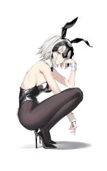 Rule 34 | 1girl, absurdres, animal ears, bare shoulders, black leotard, bow, bowtie, breasts, detached collar, fake animal ears, fake tail, fate/grand order, fate (series), grey hair, headpiece, high heels, highres, jeanne d&#039;arc alter (avenger) (fate), jeanne d&#039;arc alter (fate), large breasts, leotard, looking at viewer, pantyhose, playboy bunny, rabbit ears, rabbit tail, short hair, solo, spider apple, squatting, strapless, strapless leotard, tail, traditional bowtie, wrist cuffs, yellow eyes