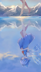 Rule 34 | 1girl, absurdres, ascot, bare legs, barefoot, blue bow, blue dress, blue hair, blue sky, bow, cirno, closed eyes, detached wings, dress, from side, frozen lake, full body, hair bow, highres, ice, ice wings, lake, morning, mountain, pinafore dress, profile, puffy short sleeves, puffy sleeves, red ascot, reflection, repoi, short hair, short sleeves, skirt hold, sky, sleeveless dress, solo, sunlight, sunrise, touhou, walking, wings