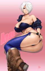 Rule 34 | 1girl, absurdres, angel (kof), ass, backless pants, blue eyes, boots, bra, breasts, chaps, cleavage, cowboy boots, crop top, cropped jacket, fingerless gloves, gloves, hair over one eye, highres, jacket, large breasts, leather, leather jacket, looking at viewer, midriff, navel, panties, pants, short hair, snk, solo, st.germain-sal, strapless, strapless bra, the king of fighters, the king of fighters xiv, toned, underwear, white hair