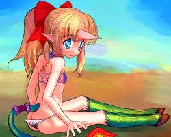 Rule 34 | 1girl, ass, bare arms, bare shoulders, bikini, black bikini bottom, blonde hair, blue eyes, body fur, bow, breasts, butt crack, fingernails, flame-tipped tail, futaba channel, green fur, green tail, hair bow, highres, hooves, horns, horse tail, kirin (nijiura maids), long hair, mismatched bikini, nijiura maids, open mouth, pointy ears, ponytail, purple bikini, red bow, satyr, sitting, skin-covered horns, small breasts, solo, swimsuit, tail, teeth, tsukiyono aroe, upper teeth only