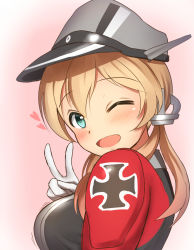 Rule 34 | 10s, 1girl, ;d, anchor hair ornament, aqua eyes, blonde hair, blush, bouncing breasts, breasts, close-up, commentary request, cross, from side, gloves, grey hat, hair ornament, hat, heart, highres, iron cross, kantai collection, long hair, looking at viewer, looking to the side, low twintails, maku ro, medium breasts, military, military uniform, motion lines, one eye closed, open mouth, peaked cap, pink background, prinz eugen (kancolle), simple background, smile, solo, tareme, twintails, uniform, upper body, v, very long hair, white gloves