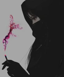 Rule 34 | 1girl, absurdres, aoi ogata, black eyes, black hair, black jacket, cigarette, commentary, english commentary, grey background, highres, holding, holding cigarette, hood, hood up, hooded jacket, jacket, long hair, looking away, looking down, mask, mouth mask, original, profile, smoke, smoking, solo