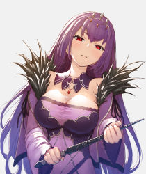 Rule 34 | 1girl, bare shoulders, breasts, cleavage, closed mouth, commentary request, detached collar, dress, fate/grand order, fate (series), fur trim, hair between eyes, jewelry, large breasts, long hair, looking at viewer, necklace, pendant, purple dress, purple hair, pyz (cath x tech), red eyes, scathach (fate), scathach skadi (fate), simple background, solo, tiara, wand, wet, white background