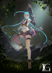 Rule 34 | 1girl, blue hair, braid, breasts, cleavage, gun, highres, jinx (league of legends), kevin glint, league of legends, looking at viewer, midriff, navel, short shorts, shorts, solo, stomach, twin braids, weapon
