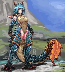 Rule 34 | 1girl, blue hair, blush, bodysuit, breasts, claws, cleavage cutout, clothing cutout, commentary request, frown, full body, highres, horns, lagiacrus, large breasts, looking at viewer, monster girl, monster hunter (series), personification, pointy ears, scales, solo, standing, tail, talons, thighs, udetamago, yellow eyes