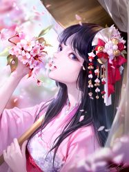 Rule 34 | 1girl, absurdres, black eyes, black hair, blurry, blurry background, blurry foreground, branch, cherry blossoms, day, hair ornament, hair over shoulder, hand up, highres, holding, holding umbrella, kanzashi, lizchief, long hair, mouth hold, nose, original, petals, second-party source, signature, solo, umbrella, upper body, wind