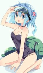 Rule 34 | 1girl, alternate costume, backpack, bag, bare shoulders, black one-piece swimsuit, blue eyes, blue hair, breasts, choker, cleavage, goggles, goggles on head, hair bobbles, hair ornament, hat, unworn hat, unworn headwear, kawashiro nitori, long hair, looking at viewer, matching hair/eyes, maturiuta sorato, md5 mismatch, medium breasts, one-piece swimsuit, open mouth, solo, swimsuit, touhou, twintails, two side up