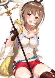 Rule 34 | 1girl, :d, atelier (series), atelier ryza, atelier ryza 1, blush, breasts, brown eyes, brown gloves, brown hair, brown thighhighs, cleavage cutout, clothing cutout, collarbone, gloves, hair ornament, hairclip, hat, highres, jewelry, medium breasts, midriff, navel, necklace, nekomori caburi, open mouth, red shorts, reisalin stout, short hair, short shorts, shorts, simple background, single glove, sitting, smile, solo, star (symbol), thighhighs, thighs, white background, white hat